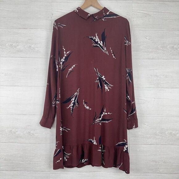 Ganni Floral Mini Shift Dress Size US 6 Medium Brown Long Sleeves Crepe Collared - Picture 1 of 16